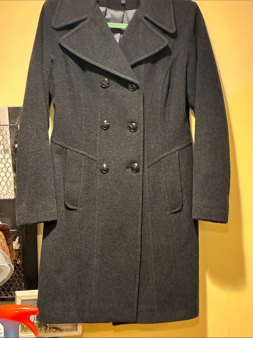 Anne Klein Dark Gray Double-Breasted Wool Pea Coat